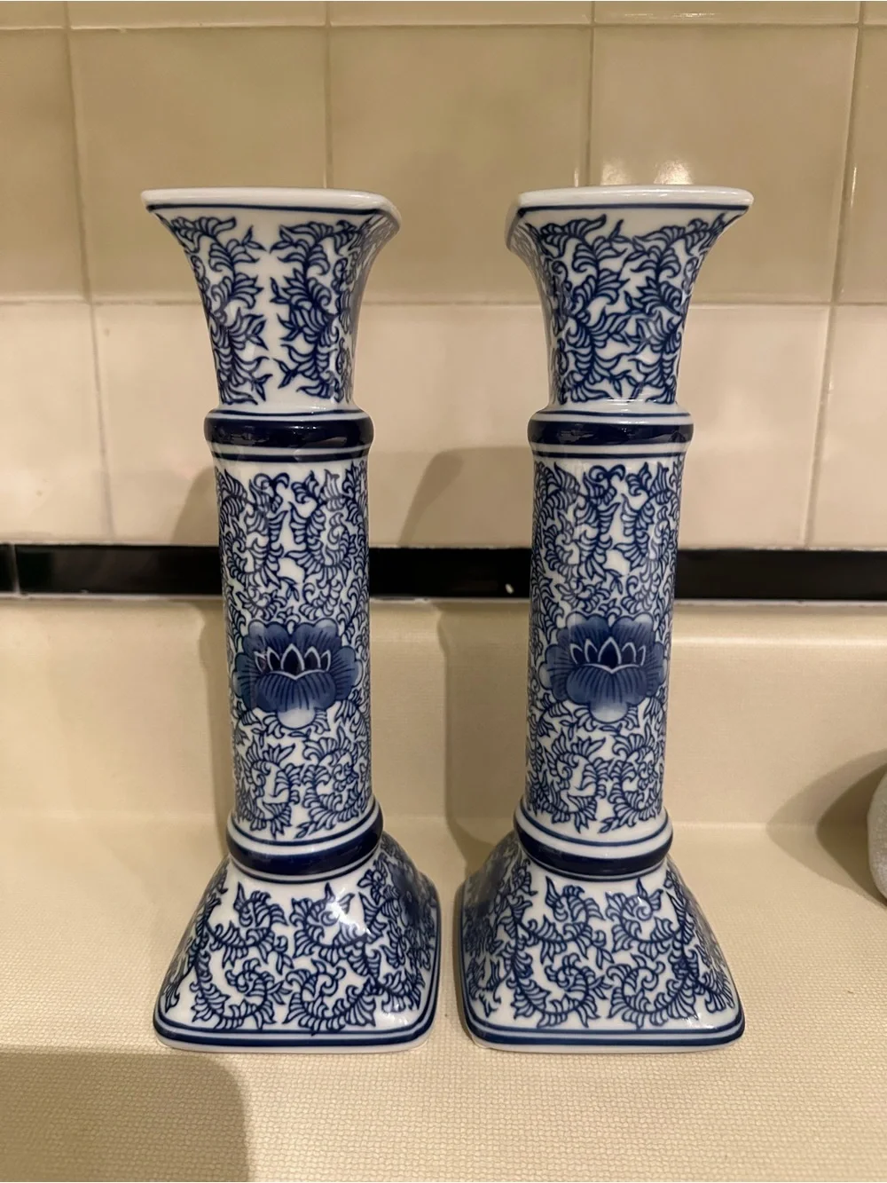 Blue and White Chinoiserie Candlestick holders